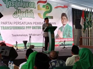 Ketua DPRD Kota Tasikmalaya, H. Aslim, SH.,M.Si saat menyampaikan sambutan dalam acara peringatan Harlah Ke-52 PPP Kota Tasikmalaya, Minggu 09 Februari 2025.