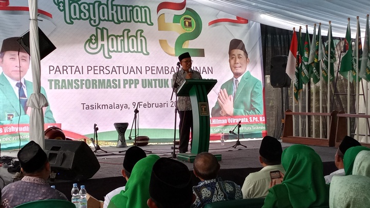 Ketua DPRD Kota Tasikmalaya, H. Aslim, SH.,M.Si saat menyampaikan sambutan dalam acara peringatan Harlah Ke-52 PPP Kota Tasikmalaya, Minggu 09 Februari 2025.